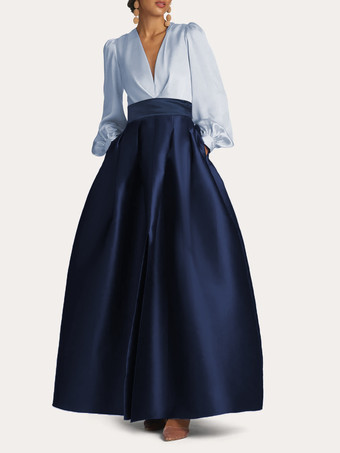 BleuRobe de soirée col V manche longue jupe en satin au sol