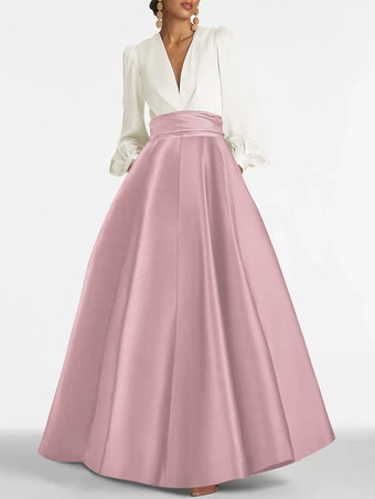 サーモンピンクイブニングドレス Aライン Vネック フロアレングス 長袖 ジッパー プリーツ サテン生地 フォーマルパーティードレス