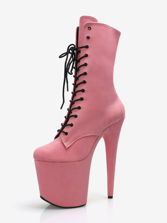 ピンク女性用セクシーブーツ ラウンドトゥ レースアップ スティレットヒール ポールダンス ピンク サイハイブーツ オーバーニーブーツ