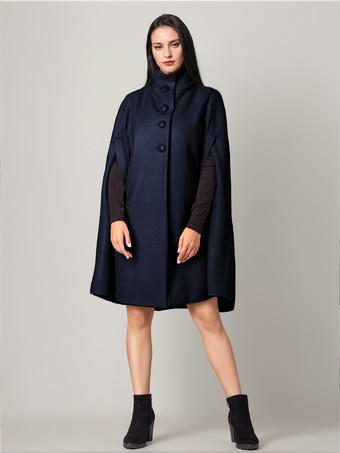ダークネイビーウールブレンドケープコート ターンダウンカラー グレー オーバーサイズ ポンチョ レディース 2025 冬