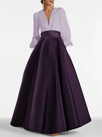 プラムイブニングドレス Aライン Vネック フロアレングス 長袖 ジッパー プリーツ サテン生地 フォーマルパーティードレス