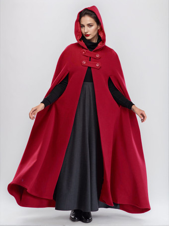 レッド ウール混マキシケープコート フード付き バーガンディ フルレングス ポンチョ オーバーサイズ アウターウェア レディース 2025