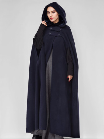 ダークネイビーウール混マキシケープコート フード付き バーガンディ フルレングス ポンチョ オーバーサイズ アウターウェア レディース 2025