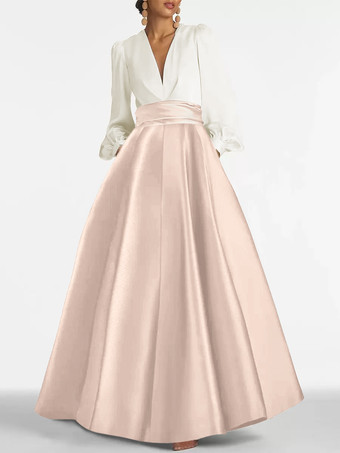 ソフトピンクイブニングドレス Aライン Vネック フロアレングス 長袖 ジッパー プリーツ サテン生地 フォーマルパーティードレス