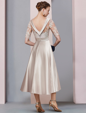 マザードレス ジュエルネック ハーフスリーブ Aライン レース ウェディングゲストドレス