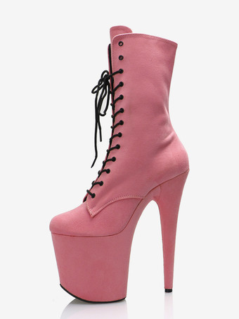 女性用セクシーブーツ ラウンドトゥ レースアップ スティレットヒール ポールダンス ピンク サイハイブーツ オーバーニーブーツ