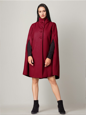 ワインレッド ウールブレンドケープコート ターンダウンカラー グレー オーバーサイズ ポンチョ レディース 2025 冬