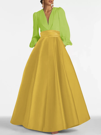 ゴールド イブニングドレス Aライン Vネック フロアレングス 長袖 ジッパー プリーツ サテン生地 フォーマルパーティードレス