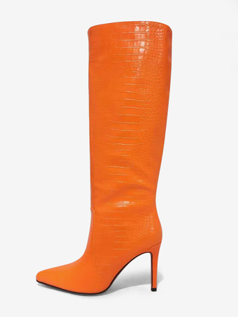 オレンジピンク ニーハイ ブーツ クロコ柄ポインテッドトゥ ハイヒール ブーツ