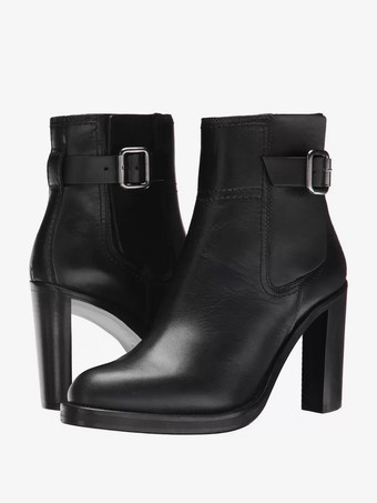 レディース チャンキーヒール アンクルブーツ ブラック バックルディテール ハイヒール ブーツ