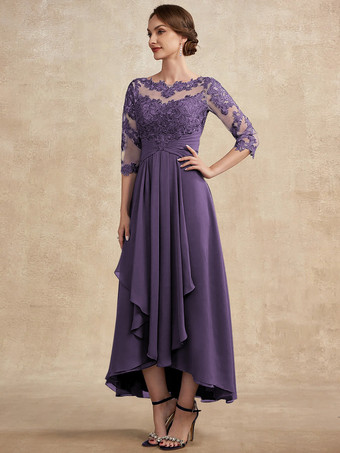 プラム花嫁の母親のためのパーティードレス ジュエルネック 3/4 丈スリーブ A ライン レース ゲストドレス 結婚式用