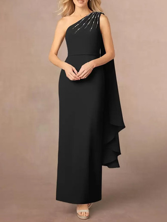 ブラックアシンメトリーな花嫁の母親ドレス スパンコール ワンショルダー マキシ パーティードレス