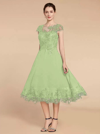 ライトグリーン 花嫁の母親のためのパーティードレス ジュエルネック キャップスリーブ レース Aライン ティーレングス ウェディングゲストドレス