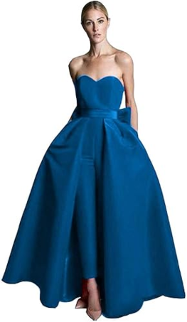 インクブルーイブニングドレスA ラインストラップレスノースリーブジッパー弓サテン生地レッドフォーマルドレス結婚式のゲストドレス