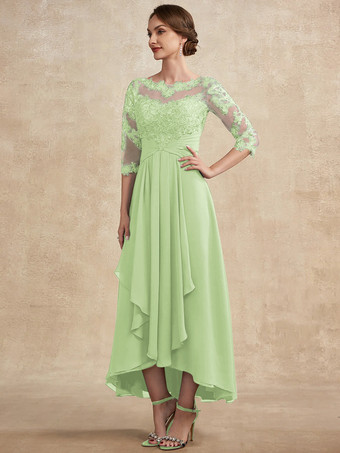 パステルグリーン花嫁の母親のためのパーティードレス ジュエルネック 3/4 丈スリーブ A ライン レース ゲストドレス 結婚式用