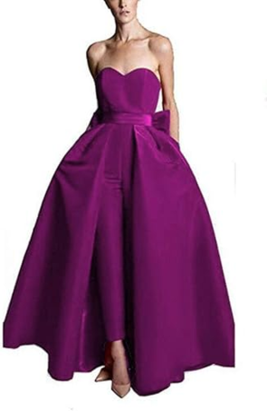 マゼンタイブニングドレスA ラインストラップレスノースリーブジッパー弓サテン生地レッドフォーマルドレス結婚式のゲストドレス