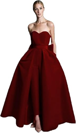 バーガンディーイブニングドレスA ラインストラップレスノースリーブジッパー弓サテン生地レッドフォーマルドレス結婚式のゲストドレス