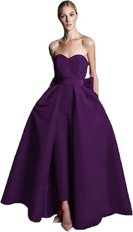 プラムイブニングドレスA ラインストラップレスノースリーブジッパー弓サテン生地レッドフォーマルドレス結婚式のゲストドレス