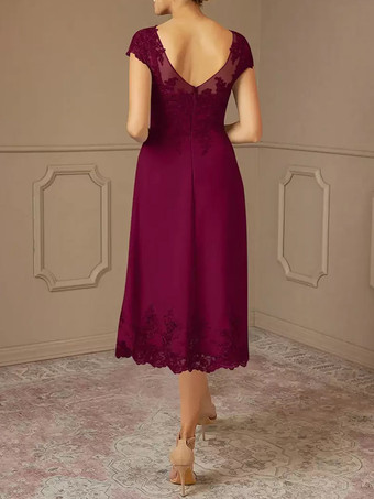 花嫁の母のドレス レース装飾 ケープスリーブ ティーレングス ウェディングパーティードレス