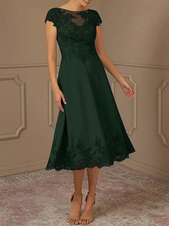 エメラルド 花嫁の母のドレス レース装飾 ケープスリーブ ティーレングス ウェディングパーティードレス