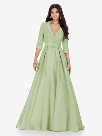 ライトグリーン プロムドレス サテン生地 Vネック Aライン ハーフスリーブ サッシュ パーティードレス