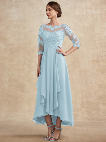 スカイブルー 花嫁の母親のためのパーティードレス ジュエルネック 3/4 丈スリーブ A ライン レース ゲストドレス 結婚式用