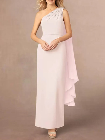 ソフトピンクアシンメトリーな花嫁の母親ドレス スパンコール ワンショルダー マキシ パーティードレス