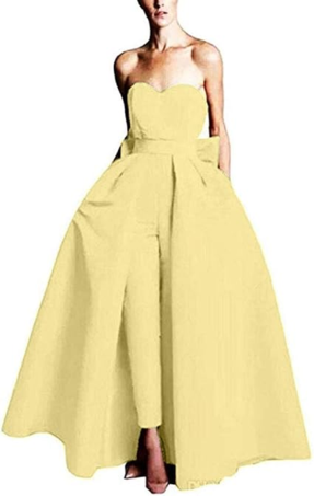 ライトゴールイブニングドレスA ラインストラップレスノースリーブジッパー弓サテン生地レッドフォーマルドレス結婚式のゲストドレス