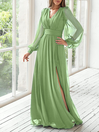 ライトグリーン パーティードレス 花嫁の母用 Vネック 長袖 Aライン プリーツ ゲストドレス 結婚式用