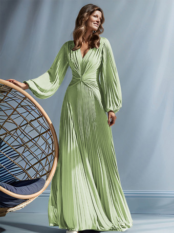 ライトグリーン パーティードレス 花嫁の母用 Vネック 長袖 Aライン プリーツ マキシレングス ゲストドレス 結婚式用