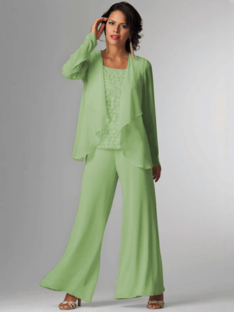 vert clair Tenue de mère de mariée Tenue de mariage d'invitée blanche en chiffon 3 pièces