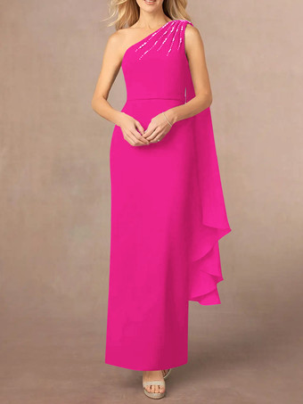 ローズレッドアシンメトリーな花嫁の母親ドレス スパンコール ワンショルダー マキシ パーティードレス
