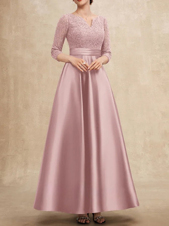 ピンクマザードレス Vネック 7分袖 Aライン レース ゲストドレス 結婚式用