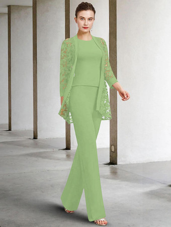 ライトグリーン 花嫁の母親のためのパーティードレス ジュエルネック 7分袖 Aライン レース 足首丈 結婚式用ゲストドレス 無料カスタマイズ