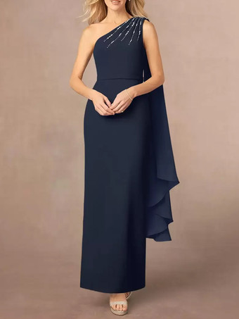 ダークネイビーアシンメトリーな花嫁の母親ドレス スパンコール ワンショルダー マキシ パーティードレス