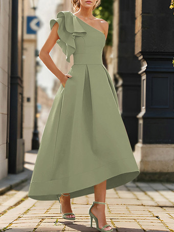 ライトグリーン ブライダルマザードレス ワンショルダー ノースリーブ プリーツ アンクル丈 Aライン ウェディングゲストドレス