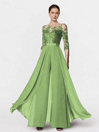 ライトグリーン ブライダルマザードレス ジュエルネック ハーフスリーブ ツーピース レース フロアレングス ウェディングゲストドレス