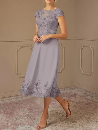 ライトグレー花嫁の母のドレス レース装飾 ケープスリーブ ティーレングス ウェディングパーティードレス