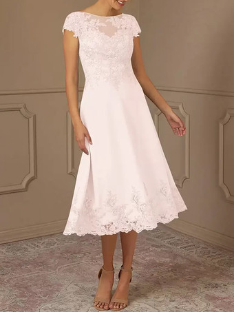 ソフトピンク花嫁の母のドレス レース装飾 ケープスリーブ ティーレングス ウェディングパーティードレス