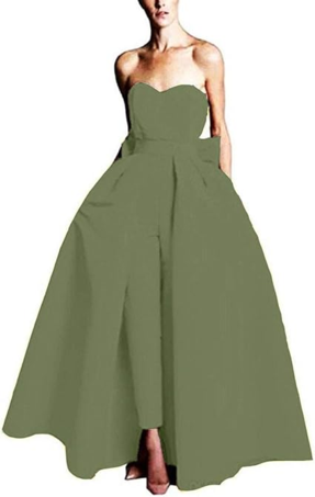 セージグリーンイブニングドレスA ラインストラップレスノースリーブジッパー弓サテン生地レッドフォーマルドレス結婚式のゲストドレス