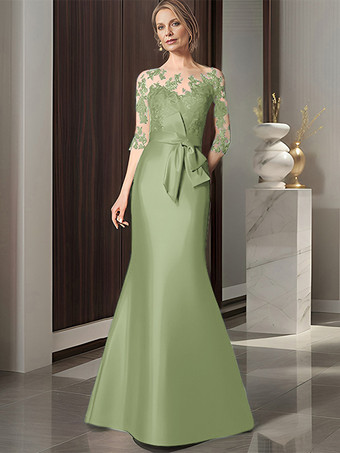 ライトグリーン ブライダルマザードレス イリュージョンネック 七分袖 リボン マーメイド ウェディングゲストドレス