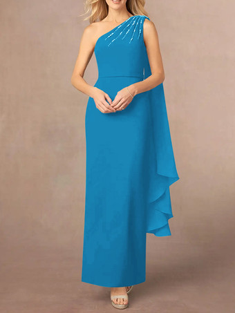ブルーアシンメトリーな花嫁の母親ドレス スパンコール ワンショルダー マキシ パーティードレス