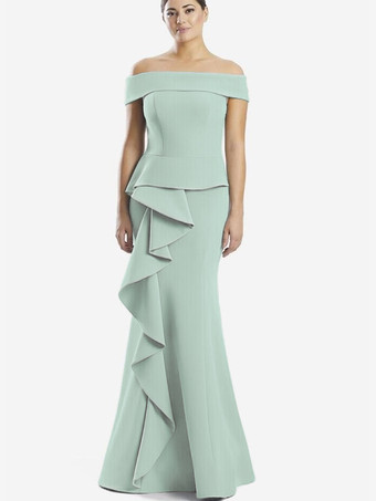 ライトグリーン マザードレス オフショルダー ノースリーブ マーメイドフリル 結婚式のゲストドレス