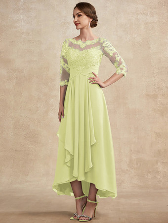 スイセン色花嫁の母親のためのパーティードレス ジュエルネック 3/4 丈スリーブ A ライン レース ゲストドレス 結婚式用