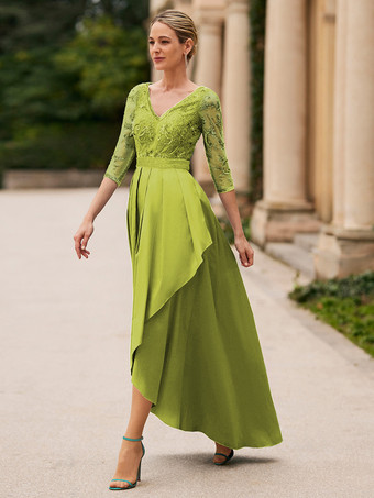 ライトグリーン ブライダルマザードレス Vネック 7分袖 Aライン レース 足首丈 ウェディングゲストドレス