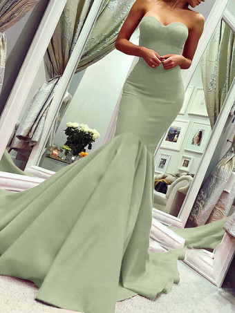ライトグリーン イブニングドレス ハートカットネック マーメイドライン レッド パーティードレス サテン ファスナー トレーン付き ノースリーブ 45cm フォーマルドレス 演奏会 結婚式 二次会 発表会