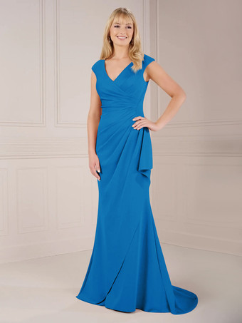 ブルー花嫁の母親のためのパーティードレス Vネック ノースリーブ ボールガウン プリーツ トレーン付き ウェディングゲストドレス