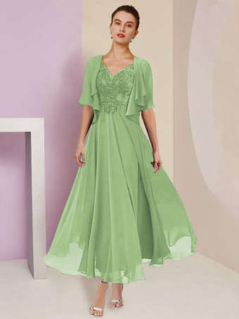 ライトグリーン マザードレス Vネック 半袖 Aライン レース ティーレングス ウェディングゲストドレス 無料カスタマイズ
