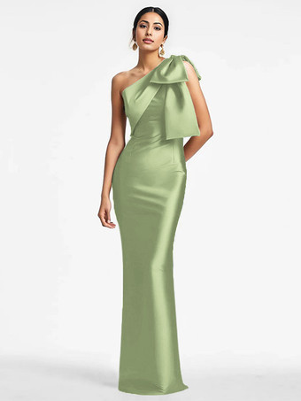 ライトグリーン 花嫁の母親のためのパーティードレス ワンショルダーのリボン付きフロアレングスのマーメイドゲストドレス 結婚式用