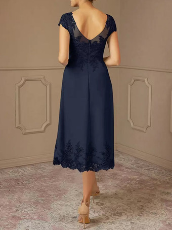 花嫁の母のドレス レース装飾 ケープスリーブ ティーレングス ウェディングパーティードレス